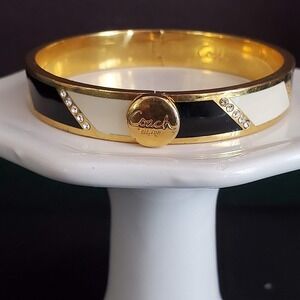 Coach Hinged Bangle Black‎ and Cream Stripes Rhinestone Accents Button Clasp